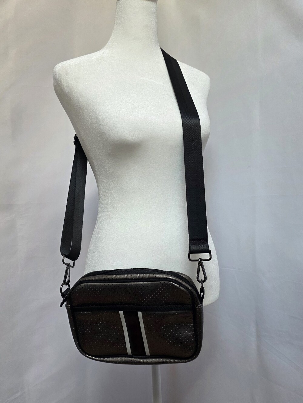 Haute Shore Black Perforated Neoprene Crossbody Bag Racing Stripe Adjstbl Straps